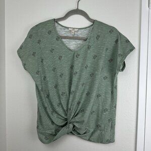 Como Vintage V-Neck Womens L Large Green Tie Bottom Cactus Short Sleeve Soft